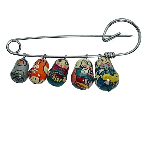 Hand Painted Russian Matryoshka Doll Charms On Silver-Tone Pin (5564) - Picture 4 of 4